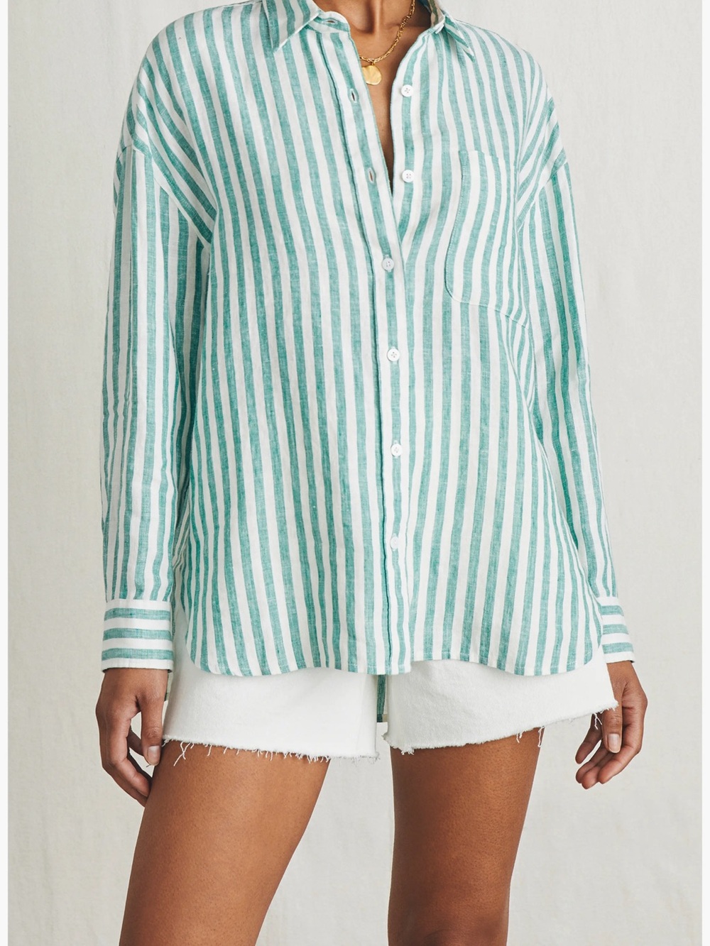 Faherty Teal and White Striped Linen Button-Down Shirt